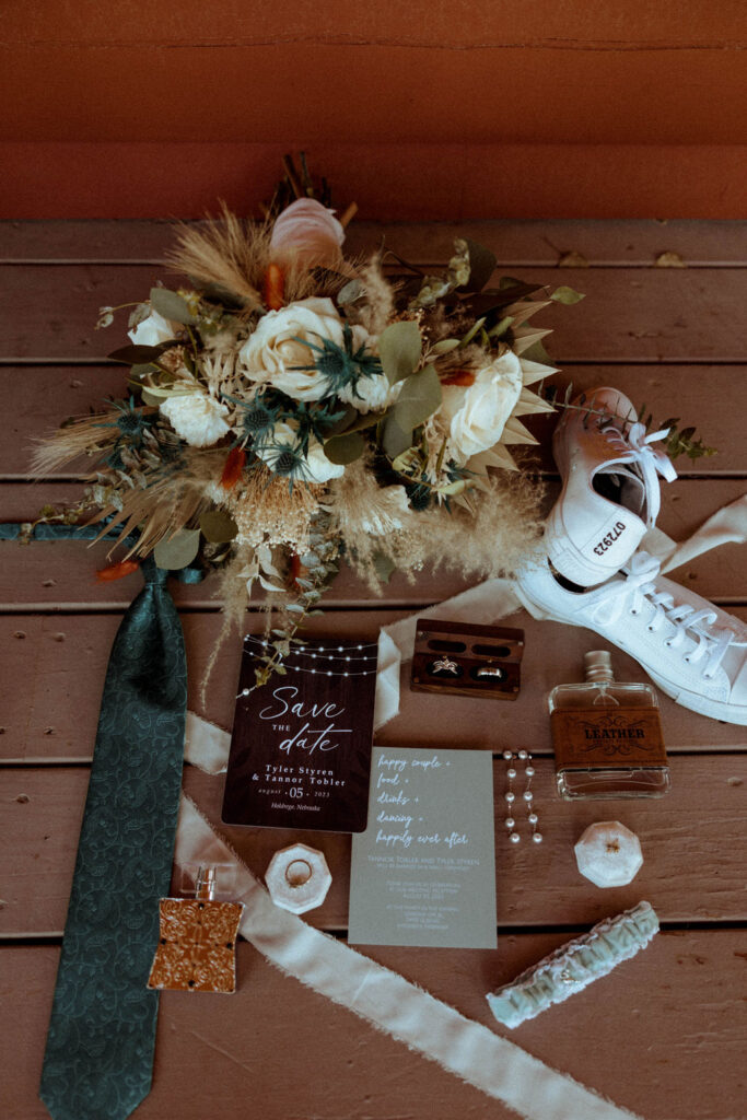 wedding flat lay photos and flowers